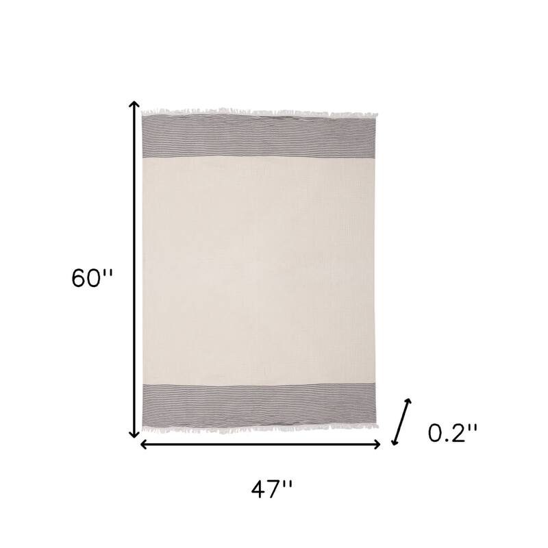 HomeRoots 47" X 60" Gray and Ivory Cotton Woven Striped Throw Blanket with Fringe