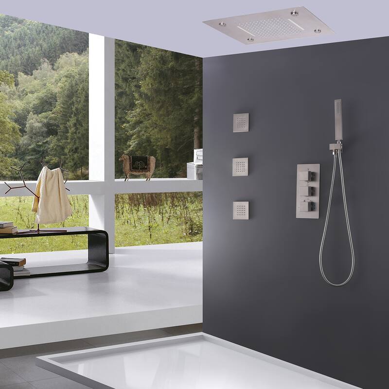 Rbrohant Thermostatic LED Waterfall Shower Faucet System Massage Jets - Silver