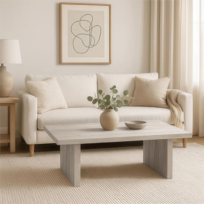 Nira Coffee Table 48 Inch Rectangular Top Handcrafted Washed White Acacia Wood Panel Leg Base - Washed White