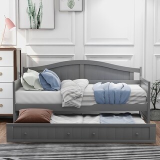 Classic Twin Daybed Frame Arched Backrest Sofa Bed with Trundle Wood Slat Support No Box Spring Needed for Bedroom - Grey