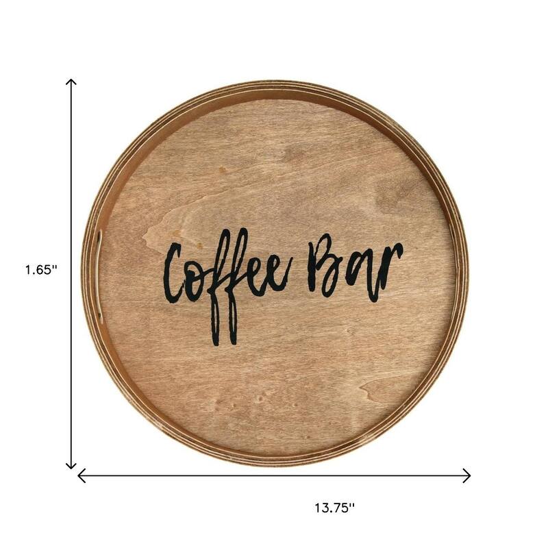 HomeRoots 14" Natural And Black Coffee Bar Round Serving Tray With Handles - 13.75 in. x 1.65 in. x 13.75 in.