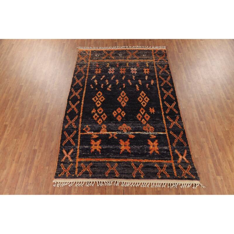 Navy Blue Plush Moroccan Area Rug Handmade Wool Carpet - 7'2" x 10'9"