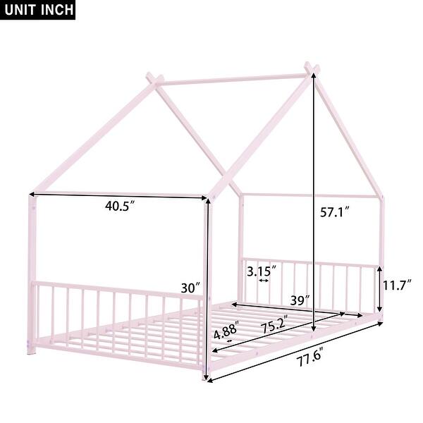dimension image slide 2 of 6, Twin/Full Size Montessori Floor Bed for Kids, Metal House Bed Frame w/Fence & Roof, Kids Playhouse Bed, Metal Platform Bedframe