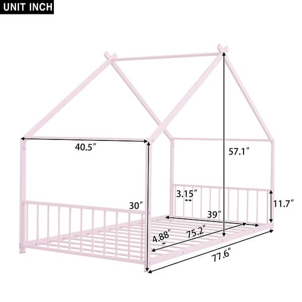 dimension image slide 0 of 3, Twin Size Metal House Bed with Roof for Kids, Sturdy Frame, No Box Spring Needed
