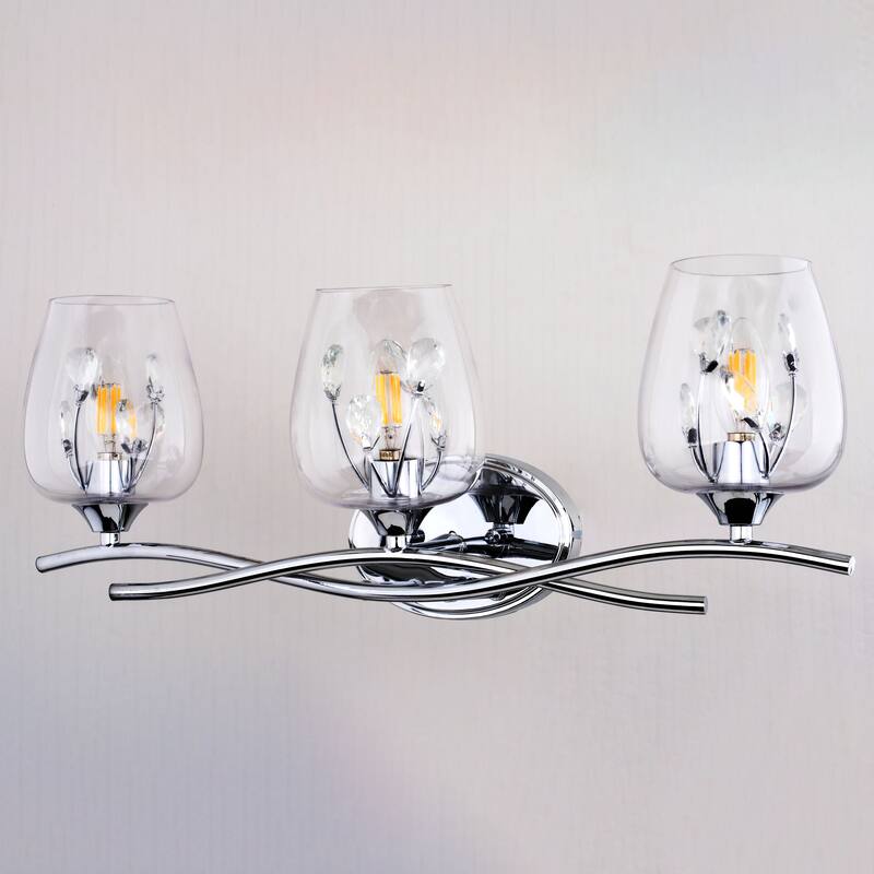 Wilmette 3-Light 24 in. Chrome Crystal Bathroom Vanity Wall Lighting Fixture, Clear Glass Shade, Dimmable LED Compatible