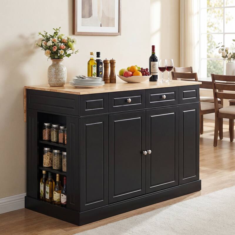 Gymax Large Kitchen Island Drop Leaf Breakfast Bar w/ Wood Top Shelves