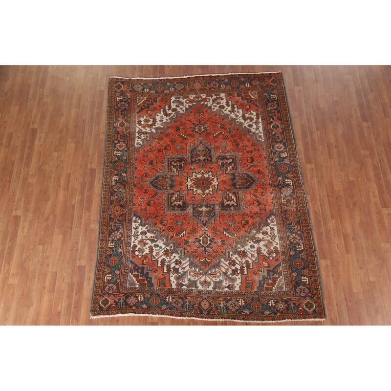 Hand Knotted Oriental 100% Wool Carpet Traditional Medallion Oranges & Rust Heriz Area Rug - 8' 9'' X 6' 7''