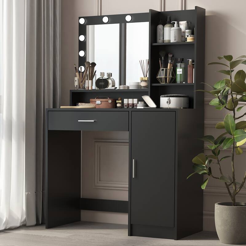 Vanity Desk with Mirror & Light, 3 Lighting Modes Brightness Adjustable, Large Drawer Three Level Storage Dresser Table - Black