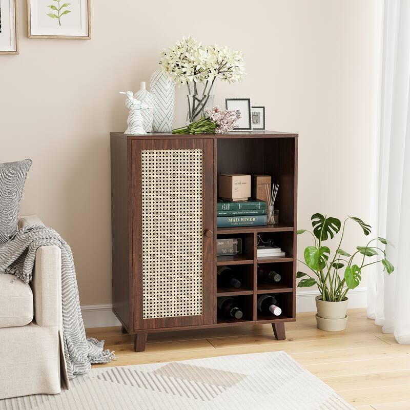 Rossetta 47'' Modern Rattan-Front Door Sideboard Cabinet with Open Shelves and Protective Foot Pads