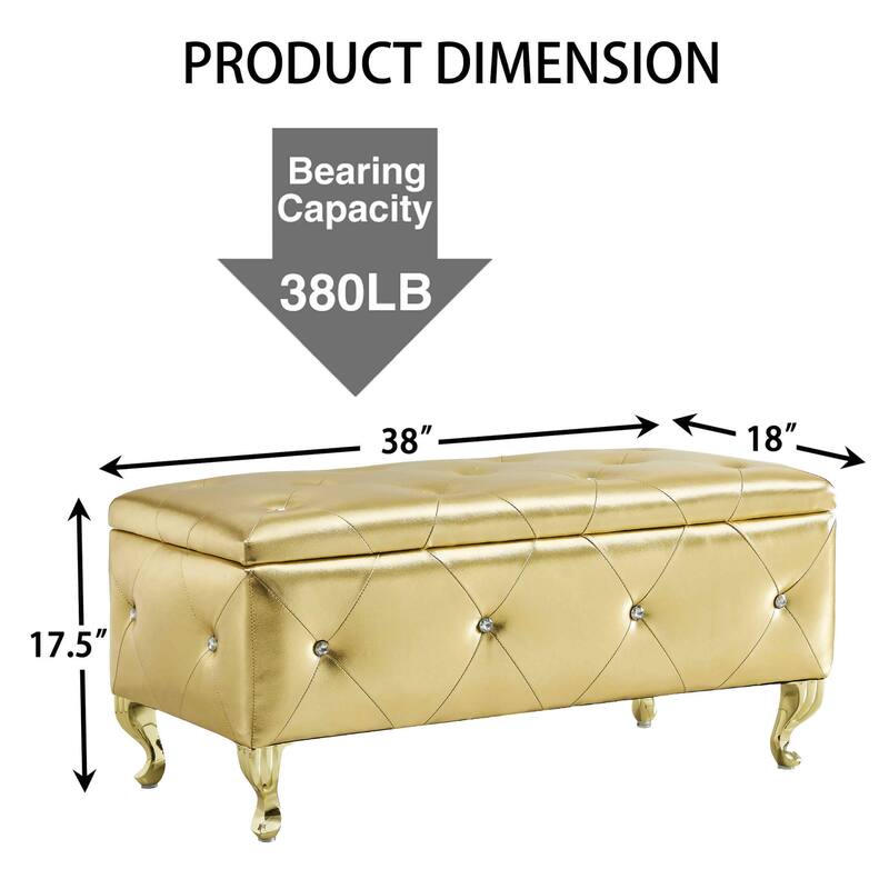Upholstered Storage Bench Ottoman Bench with Wood Legs, Gold Leather Bench End of Bed Bench Indoor Bench