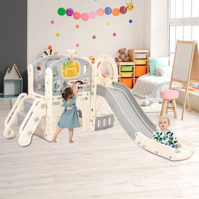 Freestanding 73.2 in.W Kids Slide Castle Climbing Playset Structure