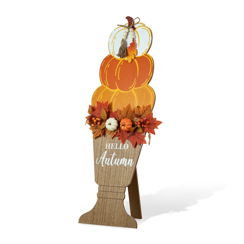 Glitzhome 36"H Fall Wooden Stacked Pumpkin with Urn Porch Decor