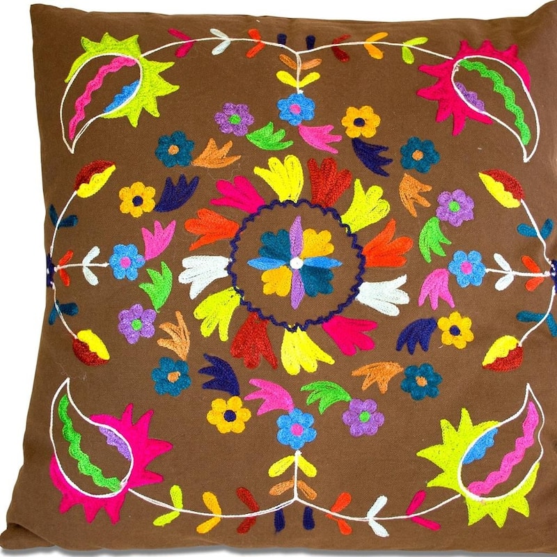 Set of Two 20" Brown And Pink Floral Cotton Throw Pillows with Embroidery