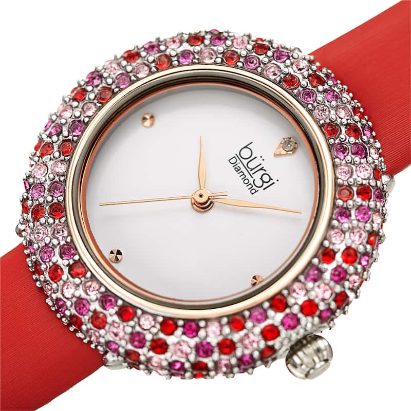 Burgi Ladies Vibrant Colorful Swarovski Crystal Diamond Satin Leather Strap Watch - Rose Red