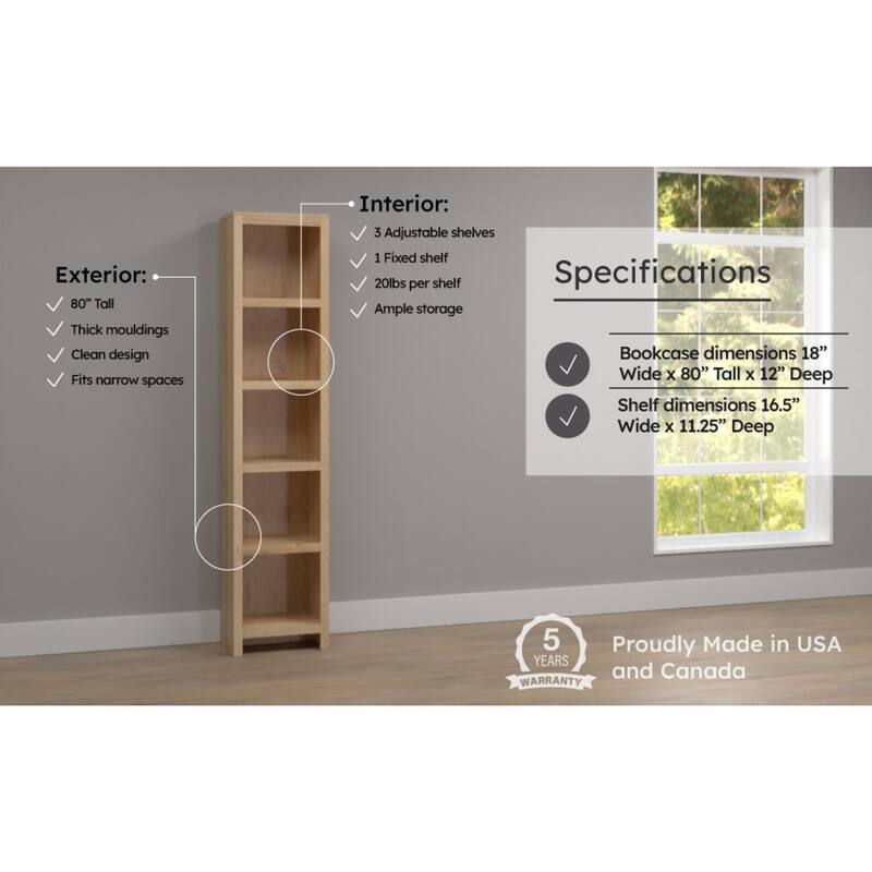 Prepac Moda 80" H 5-Tier Narrow Bookcase, Modern Storage Accent Bookshelf with 3 Adjustable Shelves for Home Office, Living Room
