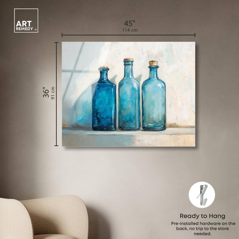 Three Blue Bottles Acrylic by Art Remedy, Ready to Hang