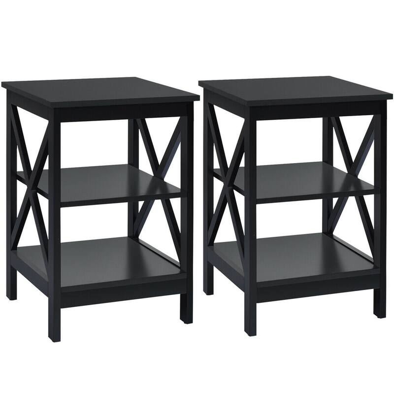 Gymax 2 PCS 3-Tier Nightstand End Table X Design Storage Display Shelf
