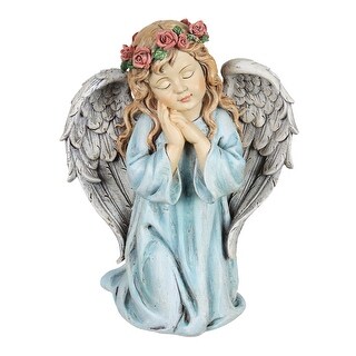 Exhart Solar Hand Painted Little Girl Angel Garden Statue with LED Flower Garland, 8.5 by 10.5 Inches
