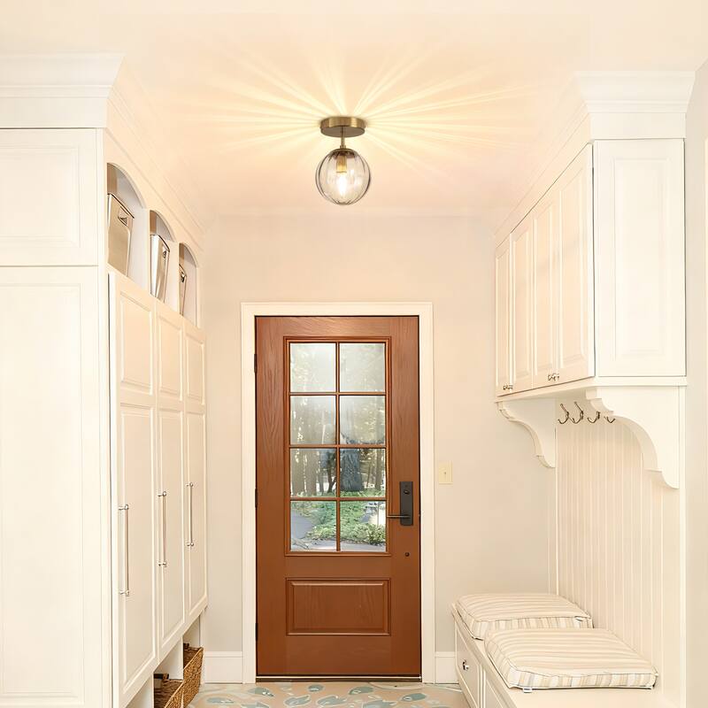 Modern Single Semi Flush Ceiling Light with Metal Base & Ribbed Gray Glass Globe Shade