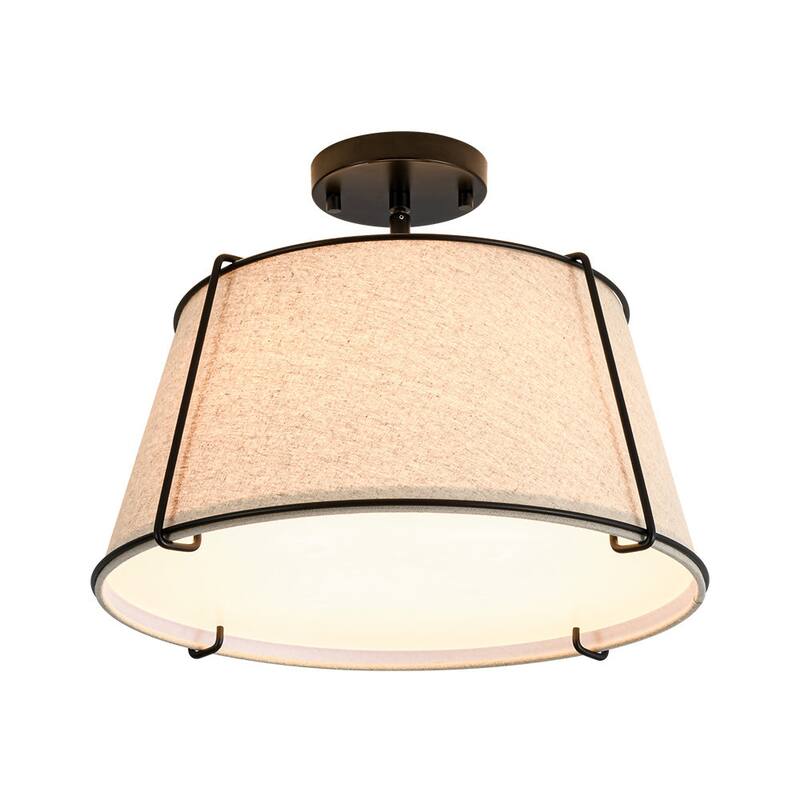 Brass 4-Light Wide Drum Linen Ceiling Light - 17in Mid-Century