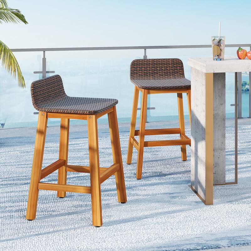 Gymax Solid Acacia Wood Bar Stools Set of 2 Rattan Bar Height Patio