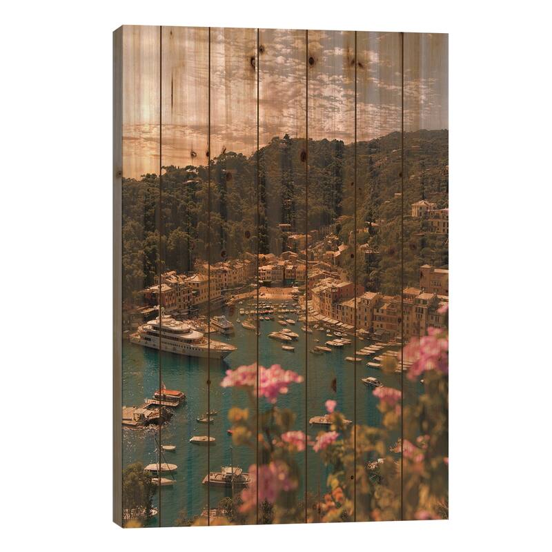 Portofino with flower Print On Wood by Enzo Romano - Multi-Color - 26x18x1.5