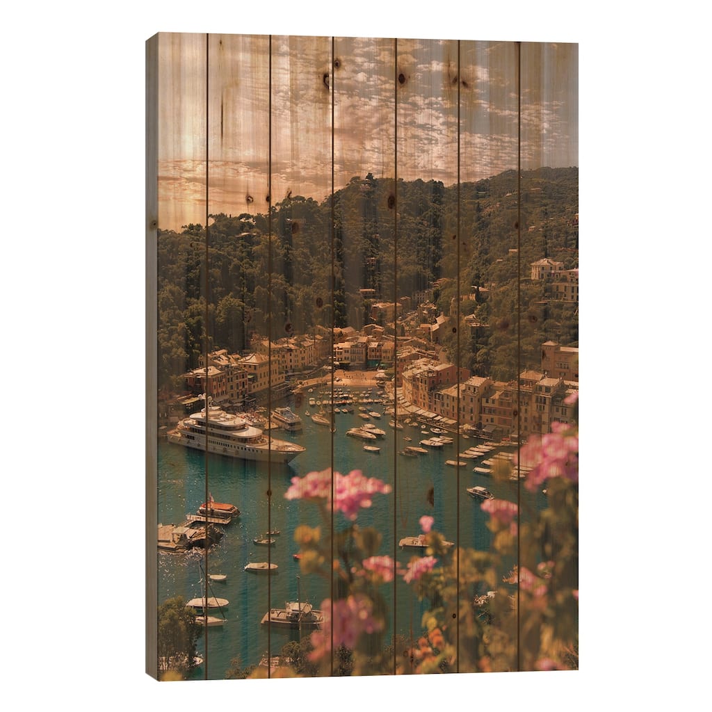 Portofino with flower Print On Wood by Enzo Romano - Multi-Color