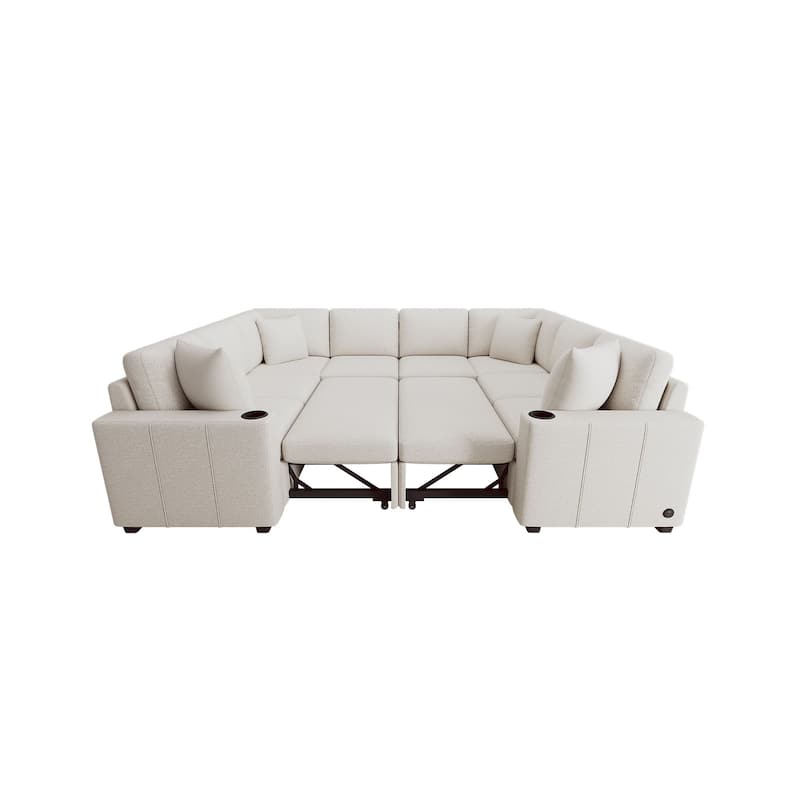 108.7" Chenille U-Shaped Sleeper Sectional Sofa Bed with USB & Cup Holders