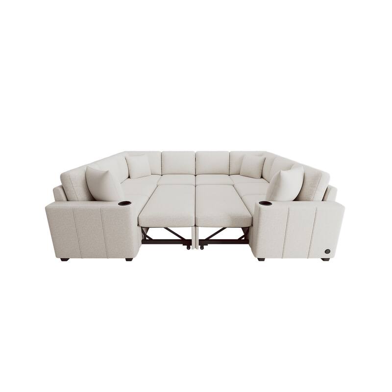 108.7" Convertible U-shaped Beige Chenille Sofa Bed for Living Room