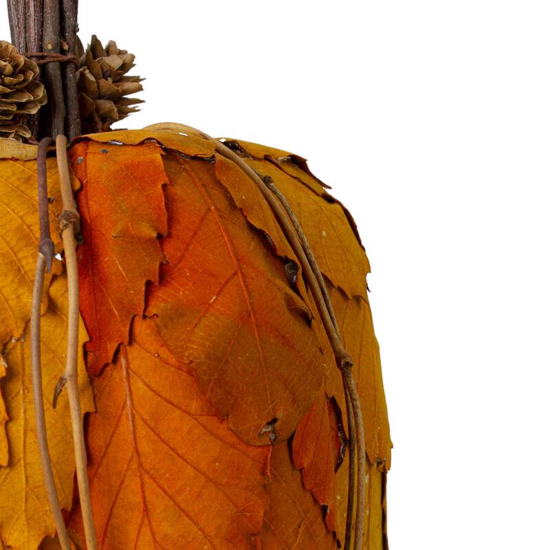 Fall Harvest Pumpkin with Layered Leaves and Pinecones - 9.75" - Orange and Brown