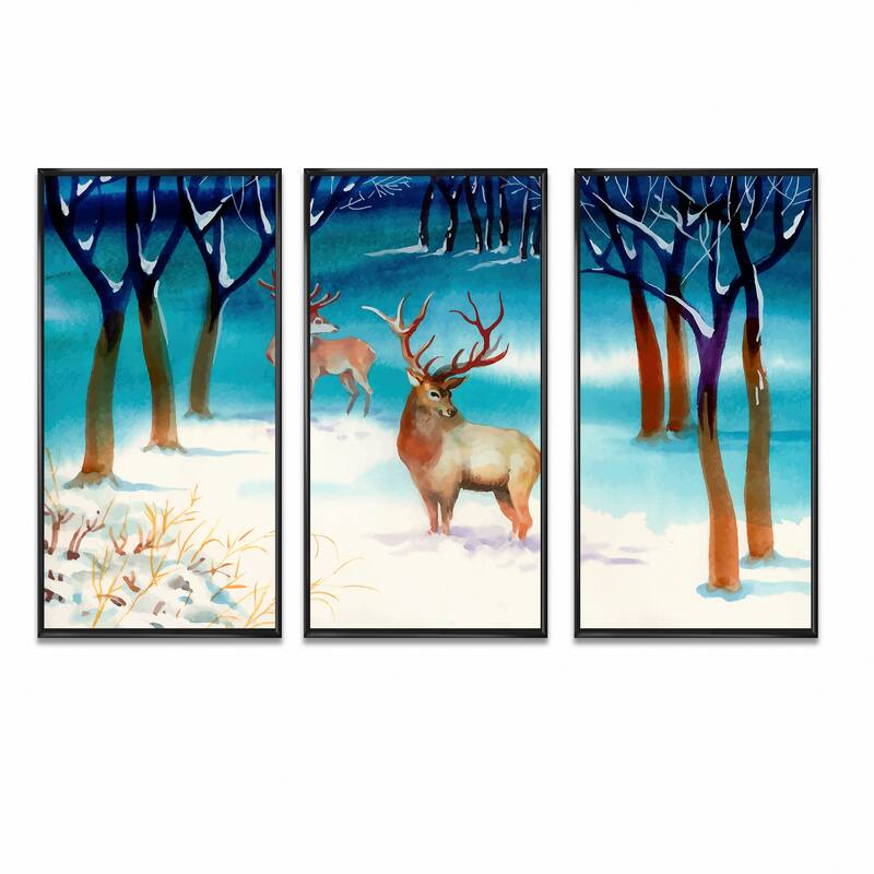 Designart "Winter Landscape With Deers" Country Framed Canvas Wall Art Set of 3 4 Colors of