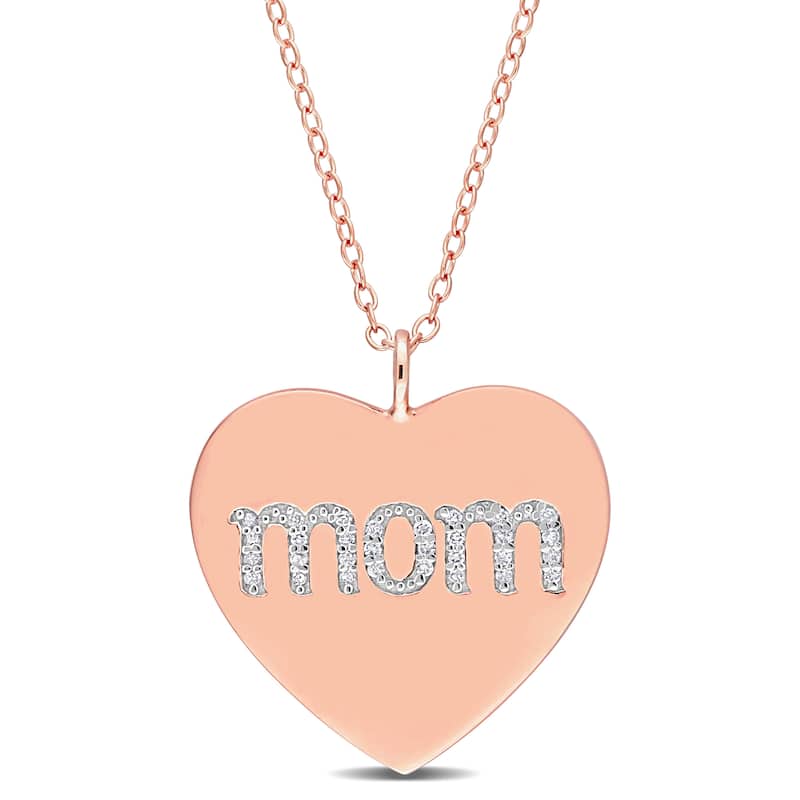 Miadora 1/10ct TDW Diamond Heart "MOM" Engraved Necklace in Rose Plated Sterling Silver