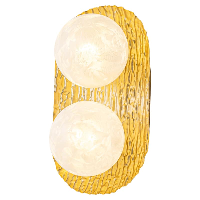 2-Light Textured Gold Metal Wall Sconce Frosted Crackled Glass Globe - Gold