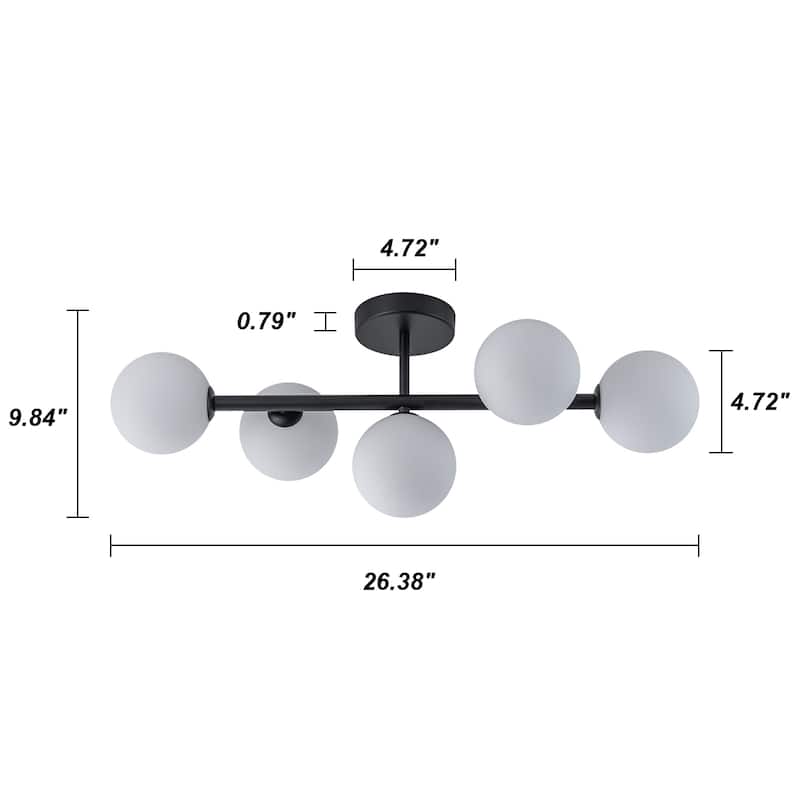5-Light Dimmable Semi Flush Mount Ceiling Light with Globe Opal Shade - W26.38"