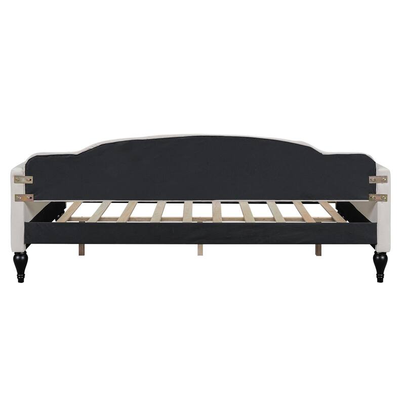 Full Size Upholstered Daybed w/Button Backrest and Wave-shaped Armrest Tufted Sofa Bed with Slat Support, No Box Spring Needed