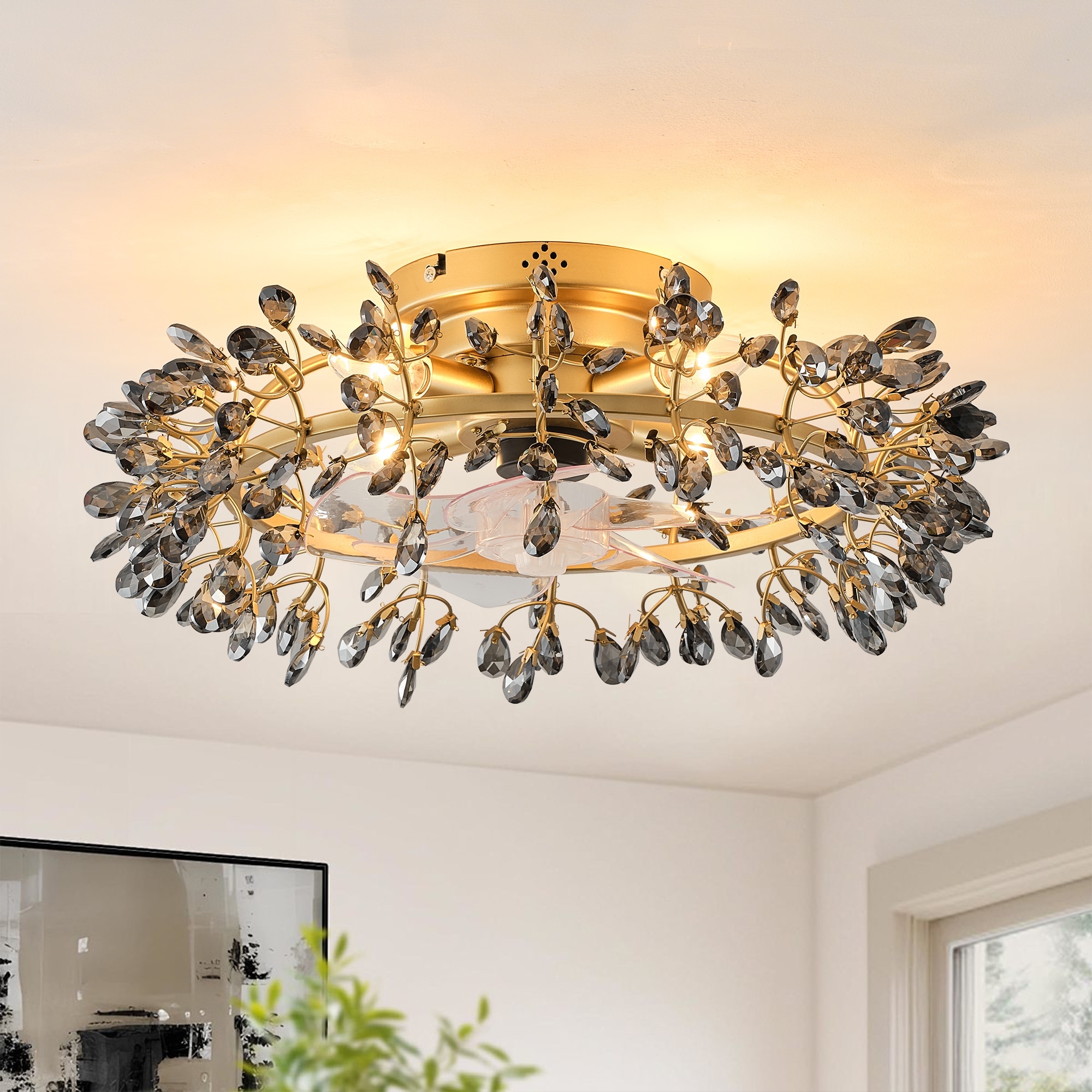 23" Modern Gold 4-Light Grey Crystal Low-Profile Flush Mount Ceiling Fan with Remote