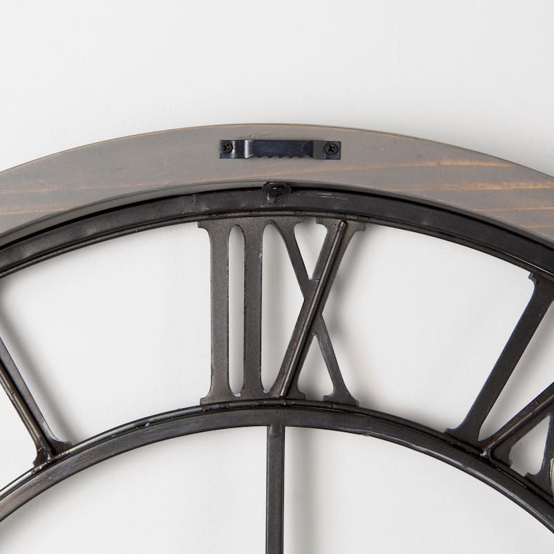 Mething Gray Wood and Black Metal 25" Round Wall Clock - 24.8"W x 2"D x 25"H