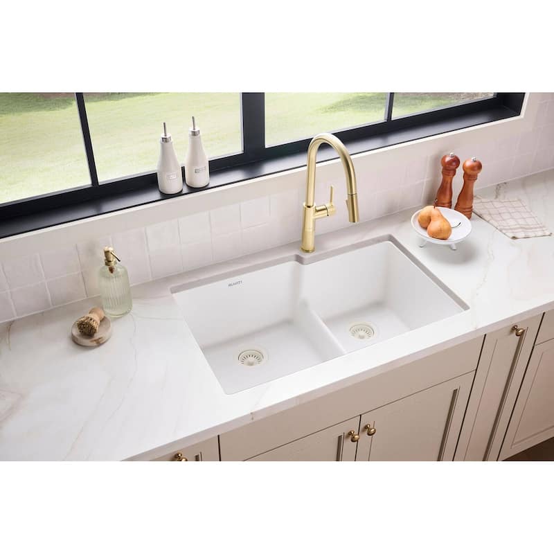 Ruvati 33 x 20 inch Granite Composite Quartz Undermount Double Bowl Kitchen Sink - Arctic White - RVG2347WH