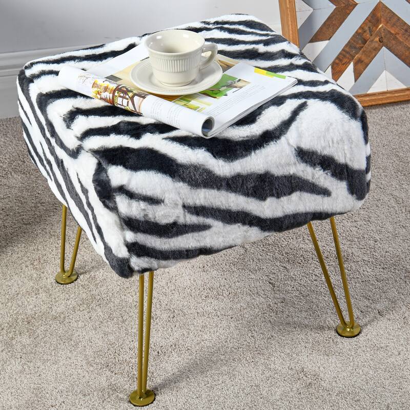 Home Soft Things Zebra Fauxfur Ottoman with Gold Metal Legs. - 17"x17"x17"