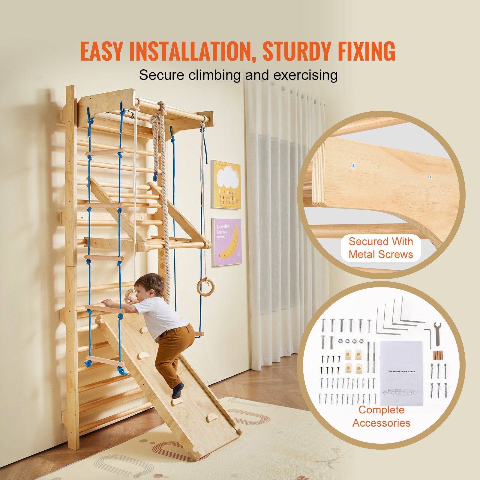 Natural Pine Wood 15-Level Ladder Wall Gym Set with Rings - 31.5undefined L  x 22.83undefined W x 84.65undefined H - buybuy BABY - 42825124
