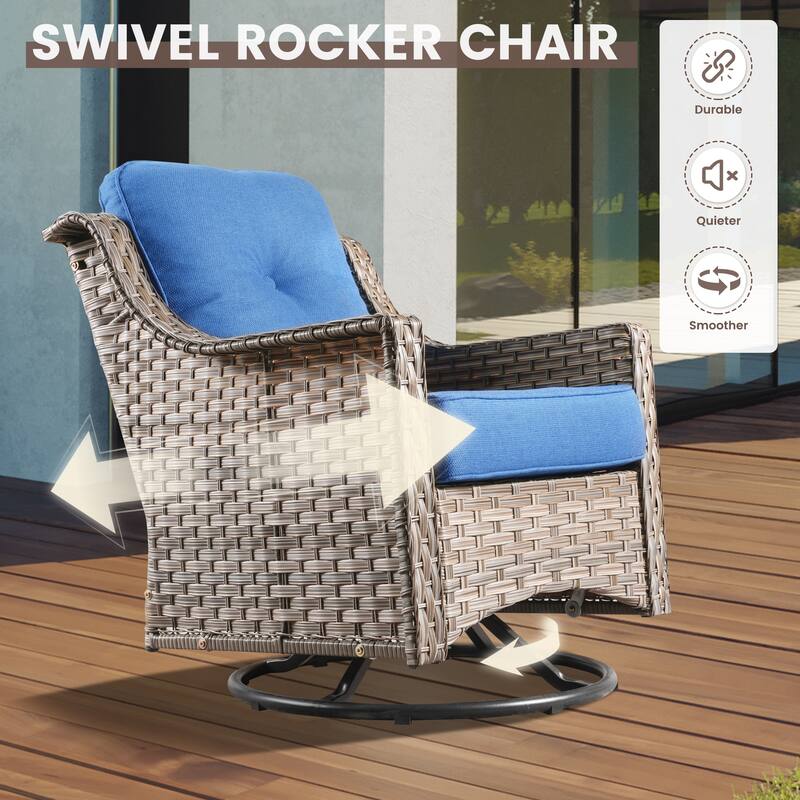 OVIOS 8 Pieces Outdoor Wicker Swivel Chair Set With Solar-Powered Coffee Table