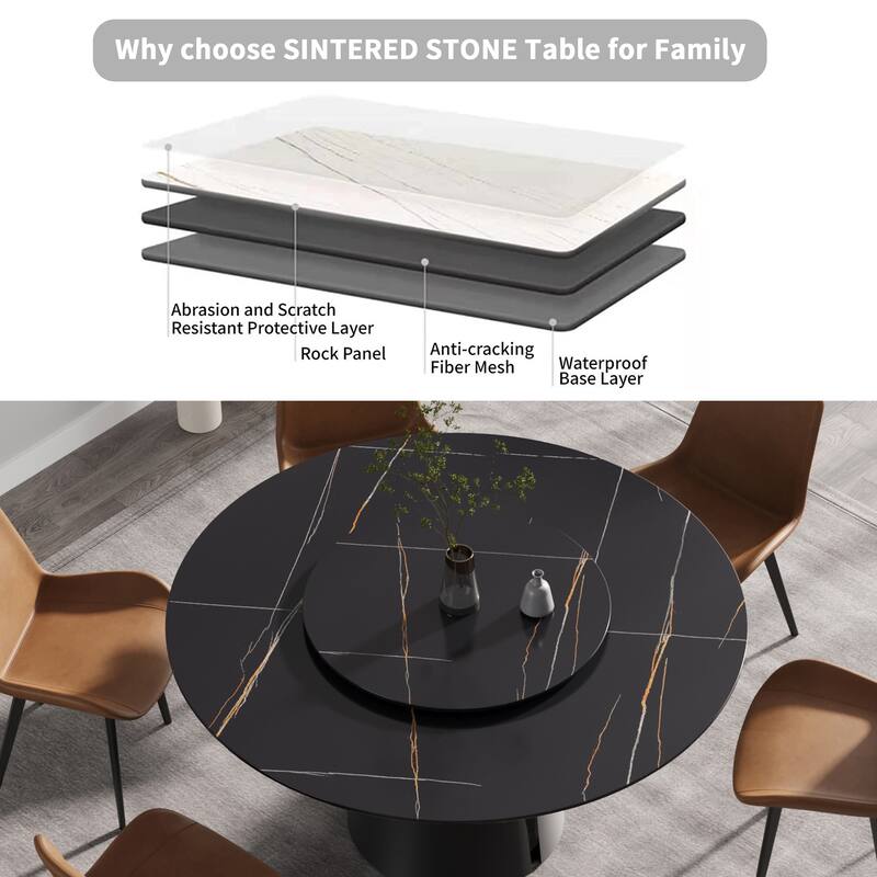 59.05"Modern artificial stone round carbon steel base dining table-can accommodate 6 people-31.5"black artificial stone