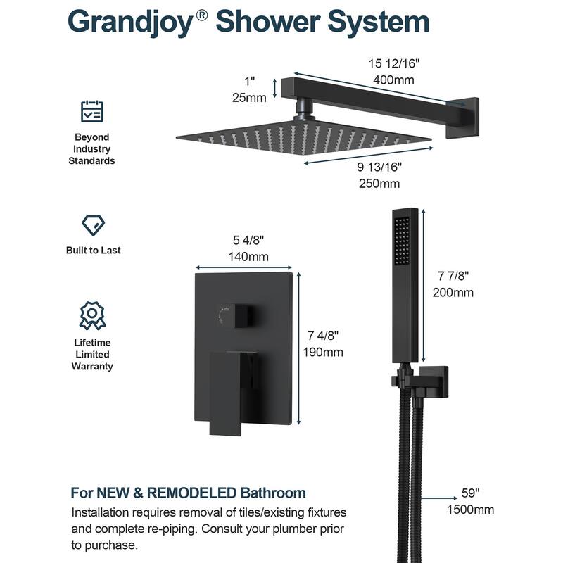 GRANDJOY Shower System 10" High Pressure Rainfall Shower Head with Handheld Spray Combo