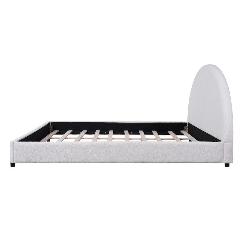 Upholstered Bed with Round Curved Headboard Wingback Bed, White Boucle Platform Bed Frame