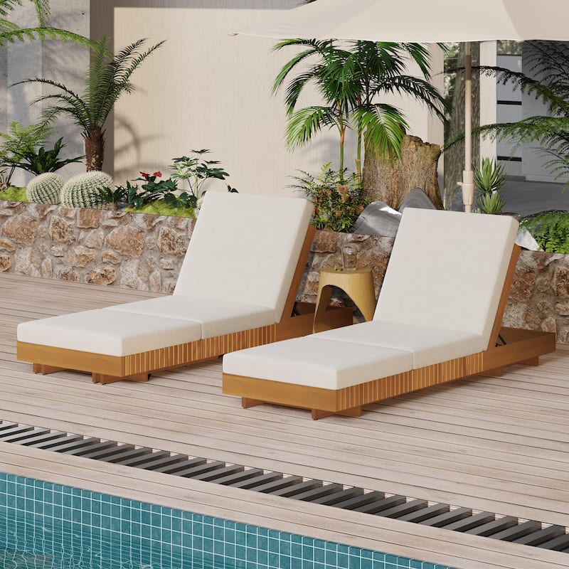 Christopher Knight Home - Kim Lounge Chaise Modern Outdoor Solid Wood Set with Triple-Fold Lounge Cushion - Cream + Set of 2 + Triple Folds