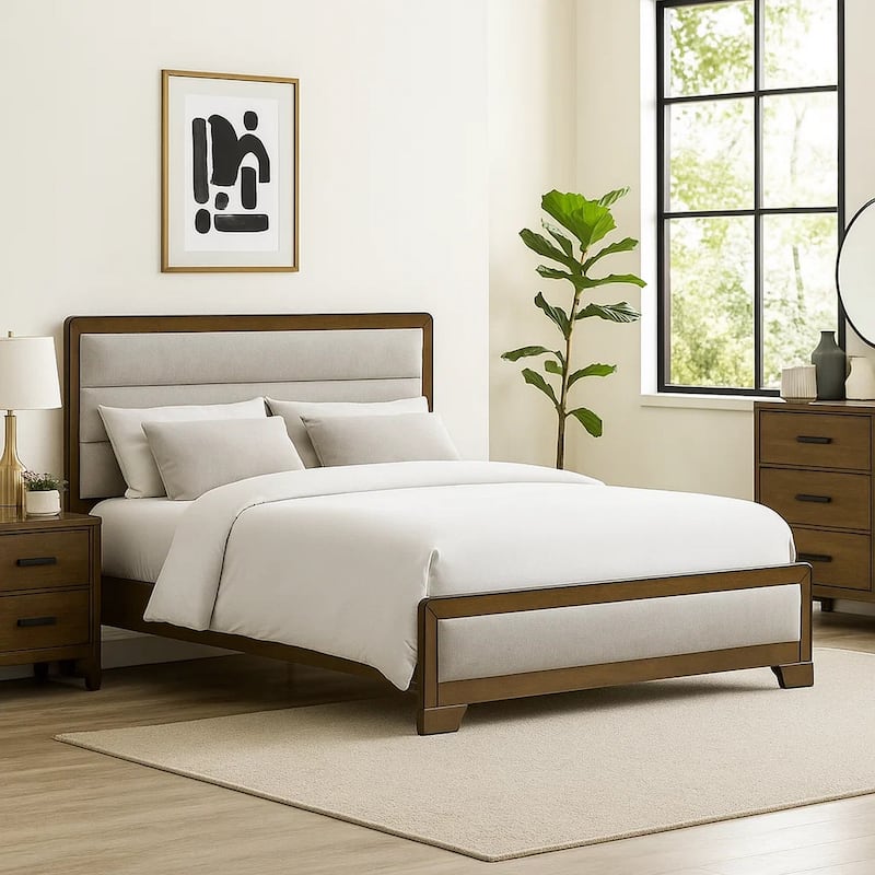 Cair Queen Bed, Channel Tufted Light Gray Fabric Upholstered, Brown