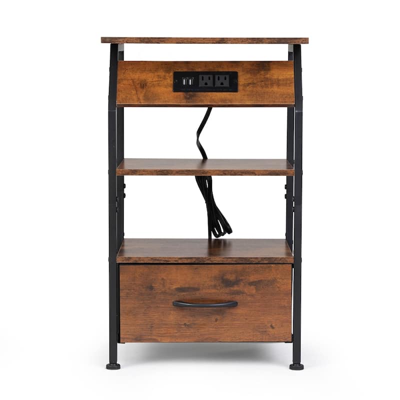 Wood Nightstand with Charging Station,Drawer and Shelf (Set of 2)