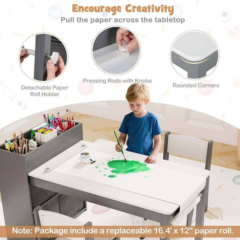 Kids Table & Chair Set Wooden Toddler Activity Desk Set w/Paper Roll