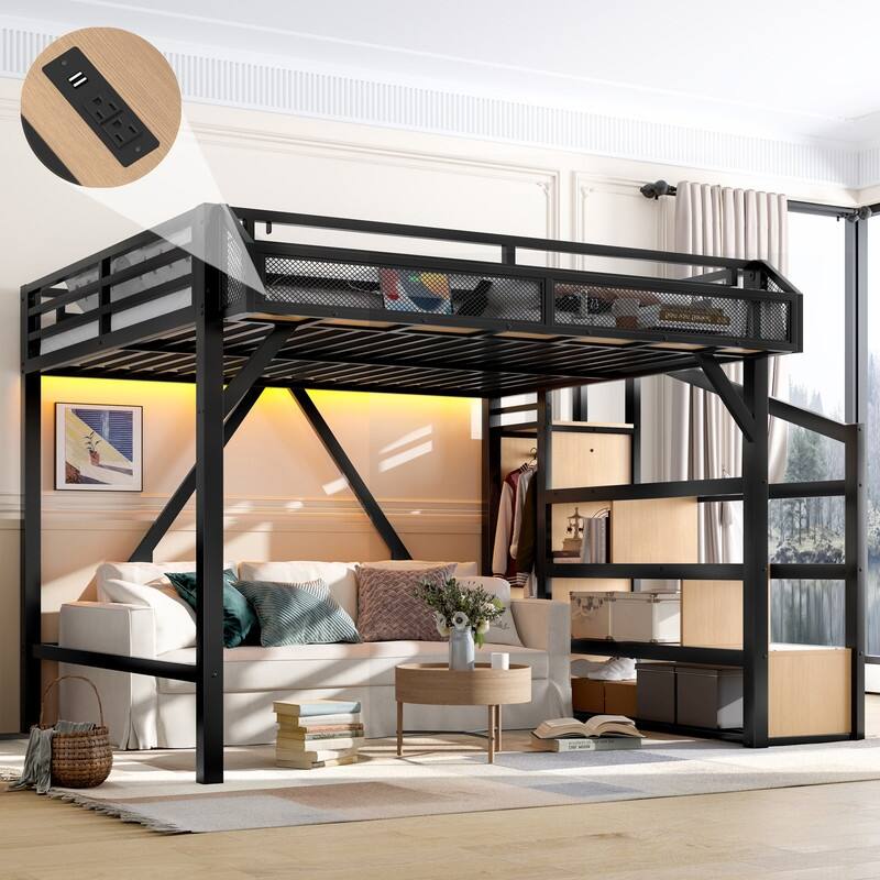 Queen Size Loft Bed with Storage Staircase & Open Wardrobe, Metal Kids Teens Bed Frame with Charging Station & LED Light - Black+Natural