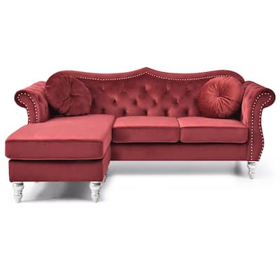 Tufted Velvet Chesterfield Sectional Sofa with Throw Pillows - 81" - Red